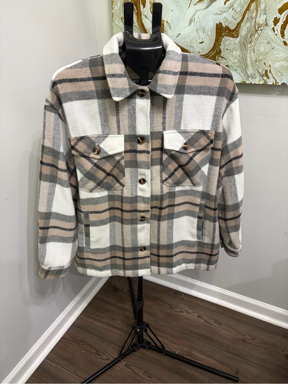 Workshop Republic Clothing Plaid Utility Jacket in Cream, Taupe, and Gray